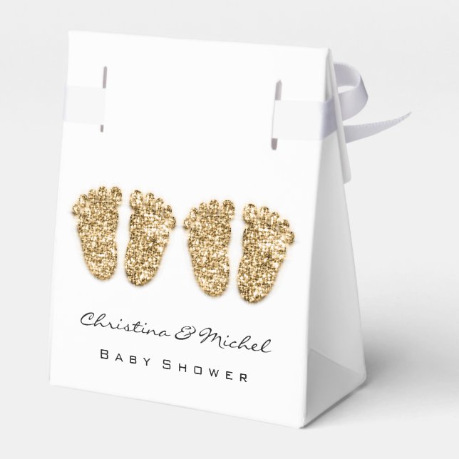 Baby Shower Twillingar Feet Glitter Guld White Presentaskar (Baksidan Sidan)