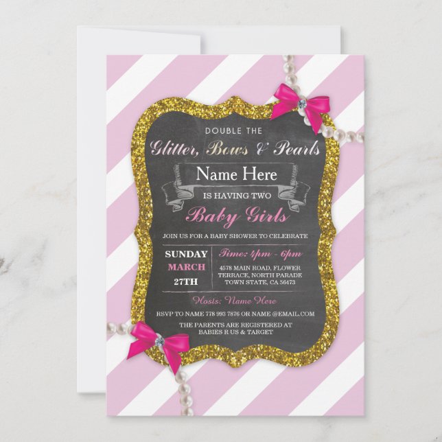 Baby Shower Twillingar Rosa Rand Glitter Girls Inb Inbjudningar (Framsida)