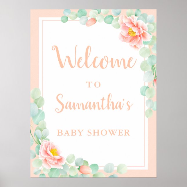 Baby Shower Välkommen Eucalyptus Foliage Peony Pea Poster (Framsidan)