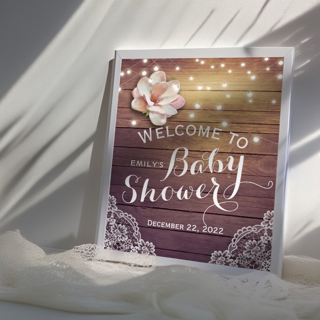 Baby Shower Välkomstskylt Blommig Ljus Trä Spets Poster (Skapare uppladdad)