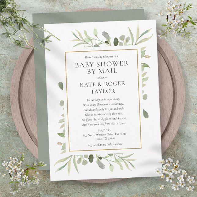 Baby Shower via Post Fjärran Grönska Inbjudningar (Baby Shower By Mail Long Distance Greenery Invitation)