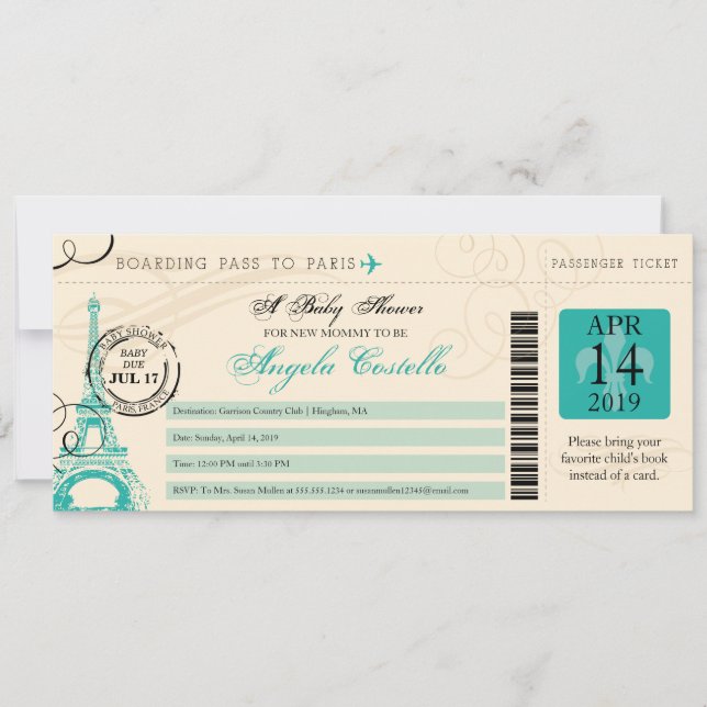 Baby Shower Vintage Paris Boarding Pass Inbjudningar (Framsida)