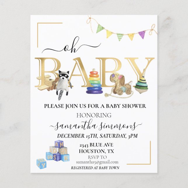 Baby Shower Vintage Träleksaker Guld  (Framsida)