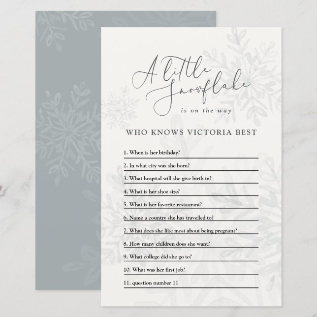 Baby shower vinter snöflinga frågesport könsneutra (Fram/baksida)