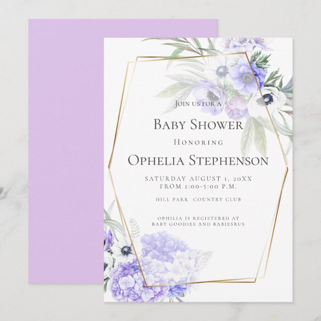 BABY SHOWER | Violet Anemone Blommigt Inbjudningar (Fram/baksida)