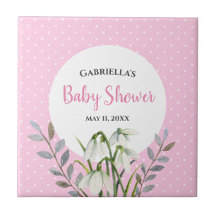 Baby Shower Vita Snödroppar Rosa Prickar Kakelplatta