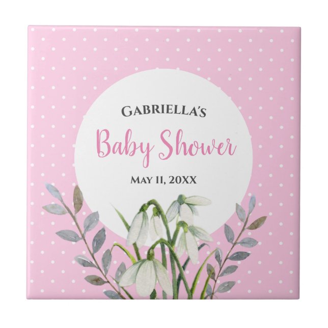 Baby Shower Vita Snödroppar Rosa Prickar Kakelplatta (Framsidan)
