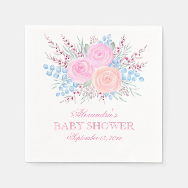 Baby Shower Watercolor Bouquet Rosa ros Girl Girl Pappersservett (Framsidan)