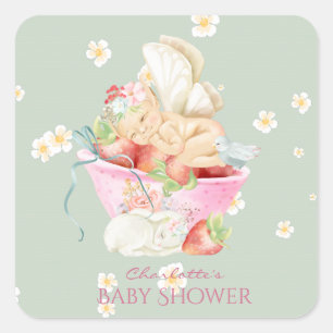 Baby Shower Watercolor Girl Fairy Cute Rabbit Fyrkantigt Klistermärke