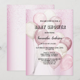 Baby Shower Watercolor Rosa Vita Ballonger Party Inbjudningar