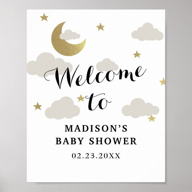 Baby Shower Welcome i Kärlek Måne och Back Star Cl Poster (Framsidan)