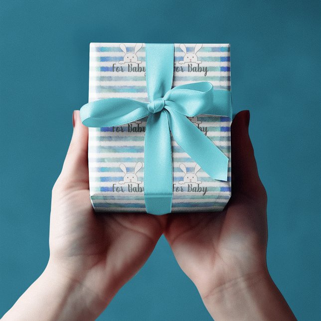 Baby Shower White Bunny Rabbit Blue Rand Presentpapper (Skapare uppladdad)