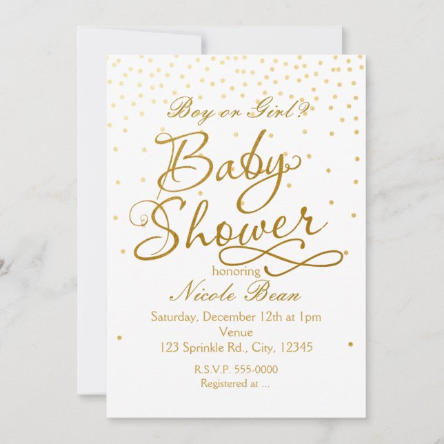 BABY SHOWER White & Guld Confetti Dot-inbjudningar Inbjudningar (Framsida)