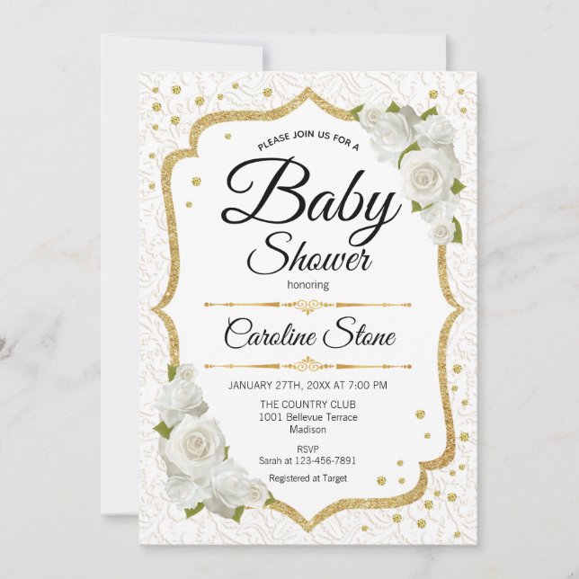 Baby Shower - White Guld Inbjudningar (Framsida)