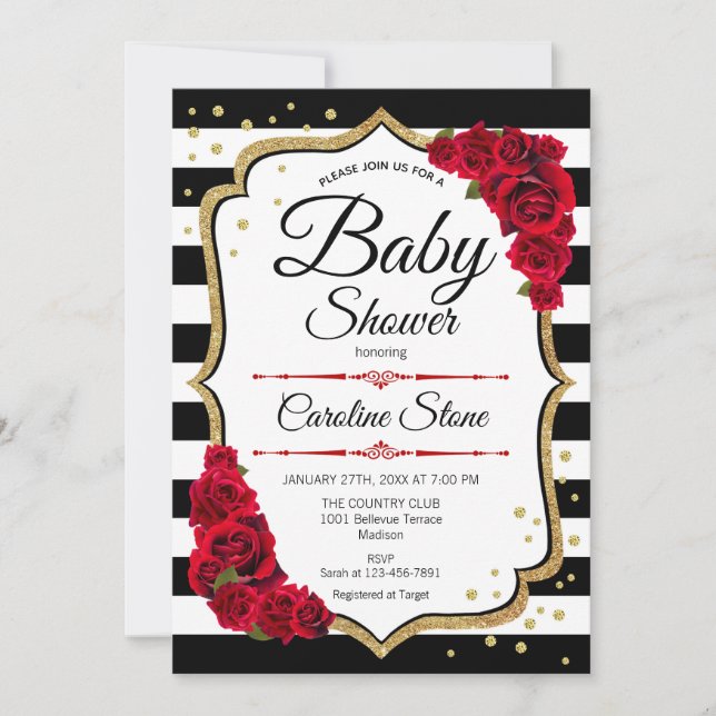 Baby Shower - White Red Guld Inbjudningar (Framsida)