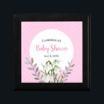 Baby Shower White Snö släpper Rosa Polka dots Minnesask<br><div class="desc">Designad baserad på blommigt av vattenfärgen som Farida Greenfield visar på vita droppar av snö. Vackra, ömtåliga vita blommor som just har dykt upp i slutet av vintern, som ser ut som gnistra av snö på marken. Den har rosa vit polka dots i bakgrunden och texter som kan vara personlig....</div>