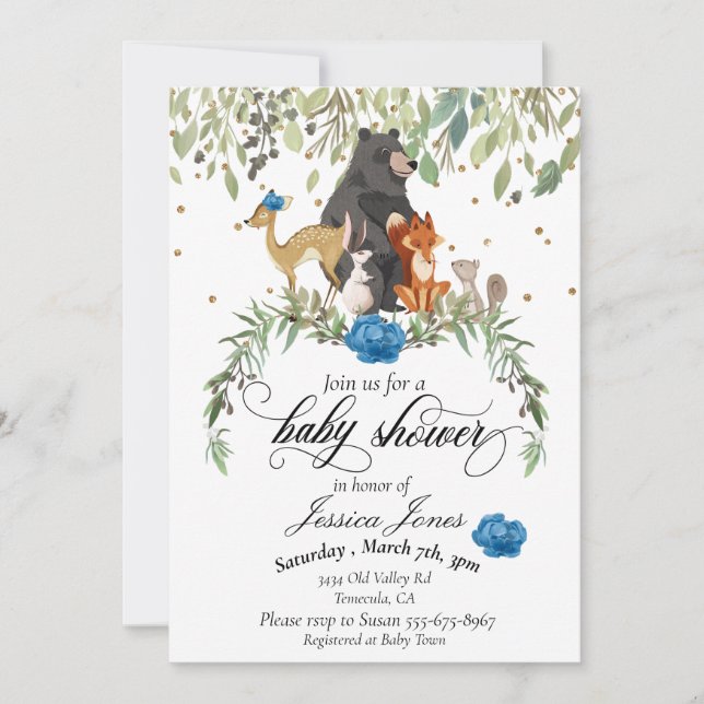 Baby Shower Woodland Animals Blommigt Blue Boy Inbjudningar (Framsida)