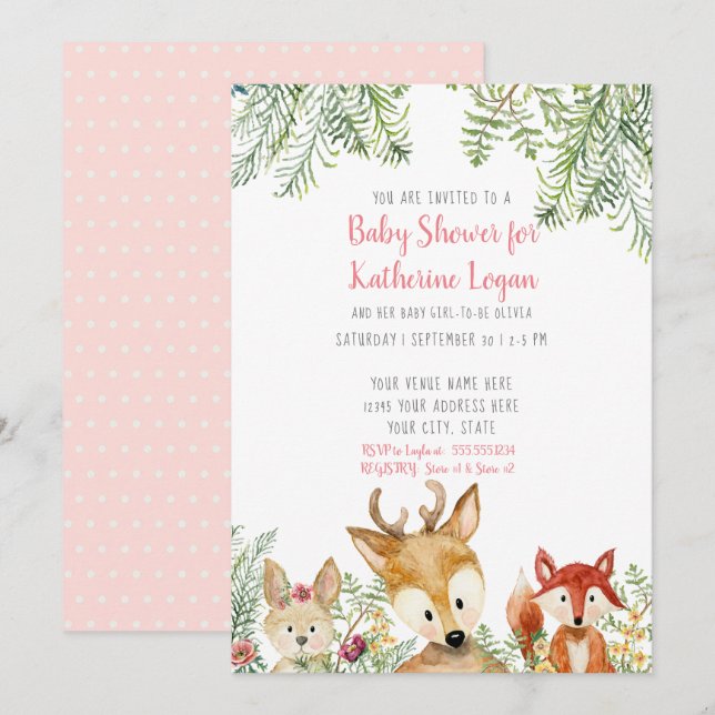 Baby Shower Woodland Animals Boho Hjort Fox Bunny Inbjudningar (Fram/baksida)