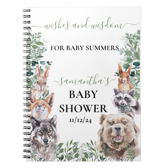 Baby Shower Woodland Forest Animals Önskemål Wisdo Anteckningsbok (Framsidan)