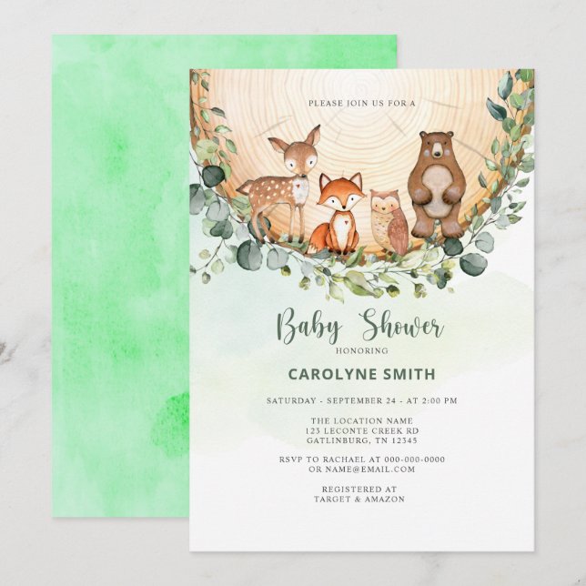 Baby Shower Woodland Forest Greenery Vilda djur Inbjudningar (Fram/baksida)