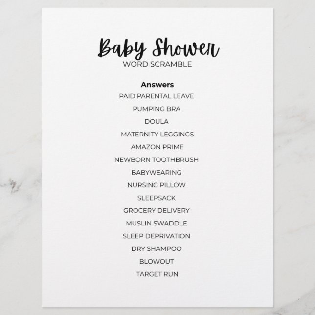 Baby Shower Word Scramble Answer Sheet Brevhuvud (Framsida)