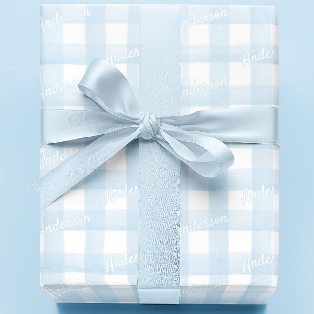 Baby Shower Wrapping Papper Boy Light Blue Gingham Presentpapper (Skapare uppladdad)