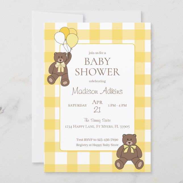 Baby Shower Yellow and White Plaid Teddy Bears Inbjudningar (Framsida)