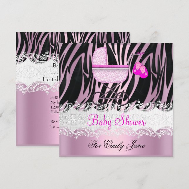 Baby Shower Zebra Rosa Vit Babyflicka Inbjudningar (Fram/baksida)