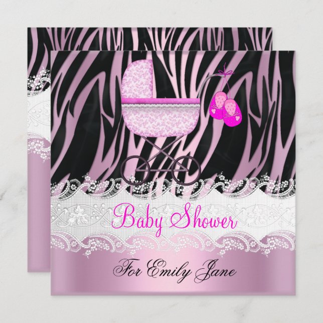 Baby Shower Zebra Rosa White Flicka Inbjudningar (Fram/baksida)
