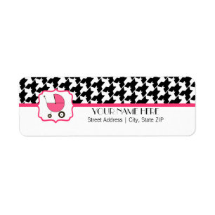 Baby showeretikett - Houndstooth & shock rosa Returadress Etikett