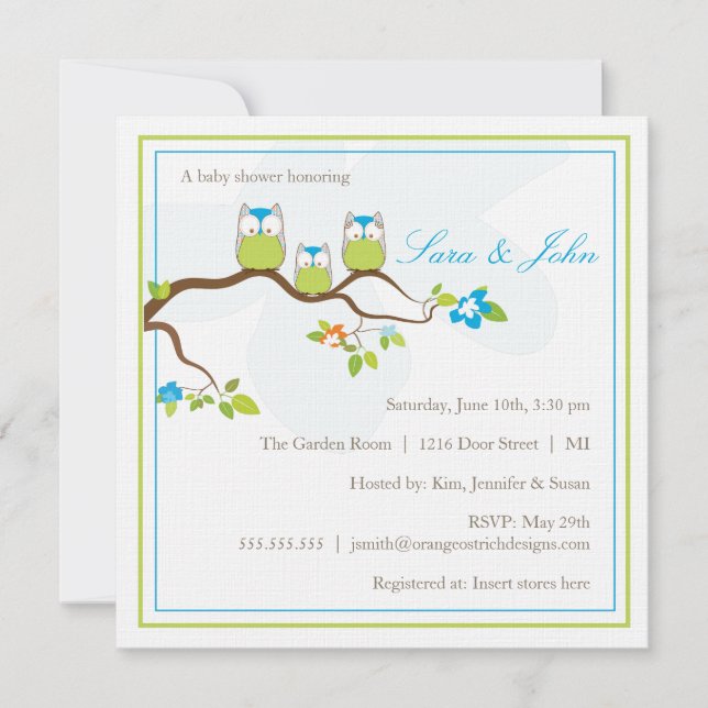 Baby showerinbjudan - ugglafamilj inbjudningar (Framsida)