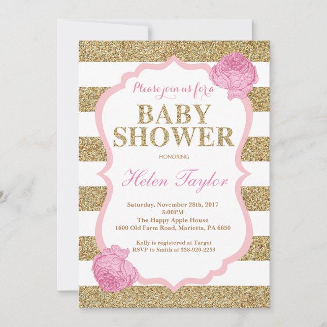 Baby showerinbjudanrosor och guld- Glitte blommigt Inbjudningar (Framsida)