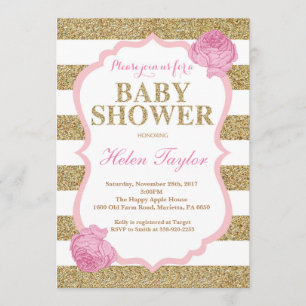 Baby showerinbjudanrosor och guld- Glitte blommigt Inbjudningar