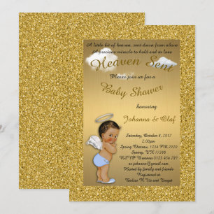 Baby showerpojke, babyängel, glitter, guld, braket inbjudningar