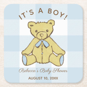 Baby showerpojkebjörnen med namn och daterar underlägg papper kvadrat