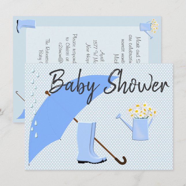 Baby showerpojken slösar paraplyet och regnar inbjudningar (Fram/baksida)