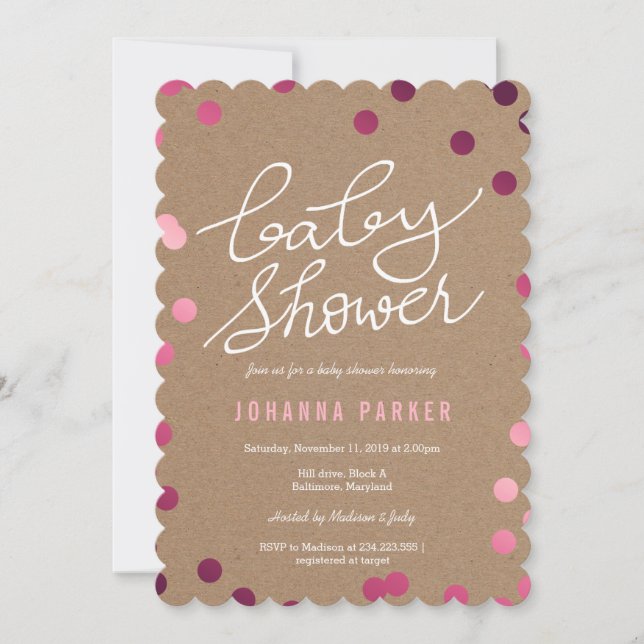 Baby showertypografiKraft pappra rosa konfettiar Inbjudningar (Framsida)
