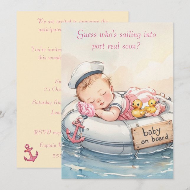 Baby Sjöman Flicka Digital Nedladdning Inbjudan (Fram/baksida)