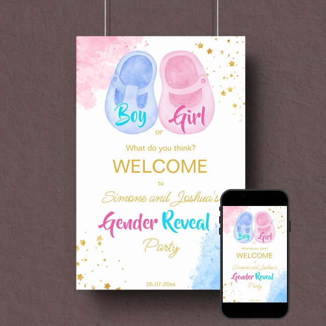Baby skokens eller flickans gender visar välkomstt poster (Gender reveal party welcome sign template poster instant download pink and blue baby shoe gold)