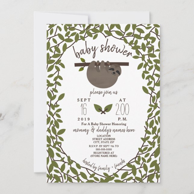 Baby Sloth Baby Shower Greenery Inbjudningar (Framsida)