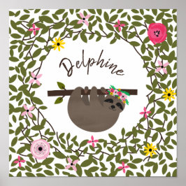 Baby Sloth Blommigt Greenery Baby Nursery Poster