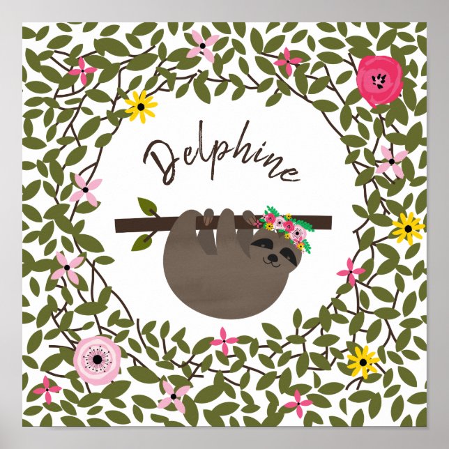 Baby Sloth Blommigt Greenery Baby Nursery Poster (Framsidan)