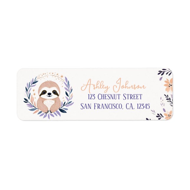 Baby Sloth Boho Blommigt Design - Returadress Etikett (Framsidan)