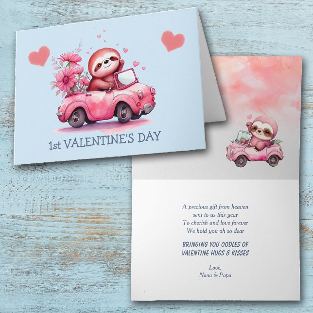 Baby Sloth Car First Valentine Day Helgkort (Skapare uppladdad)