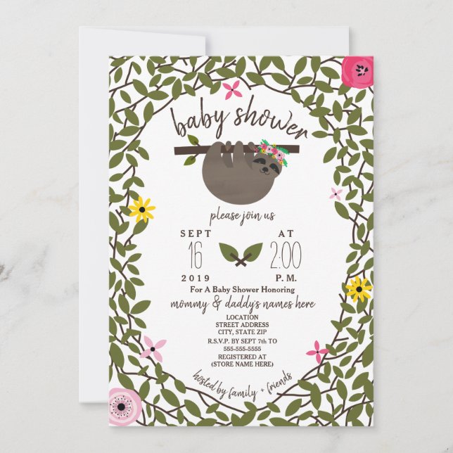 Baby Sloth Girl Baby Shower Greenery Inbjudningar (Framsida)