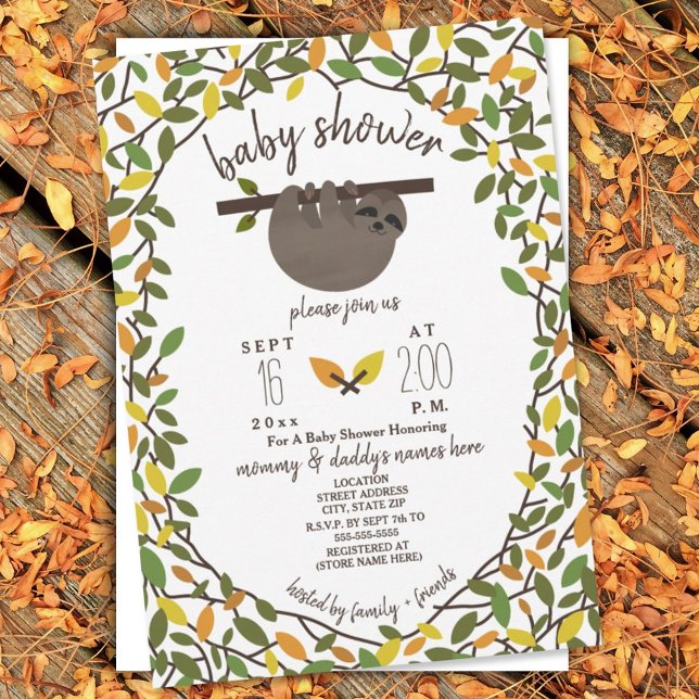 Baby Sloth Hösthösten Fall Baby Shower Greenery Inbjudningar (Skapare uppladdad)