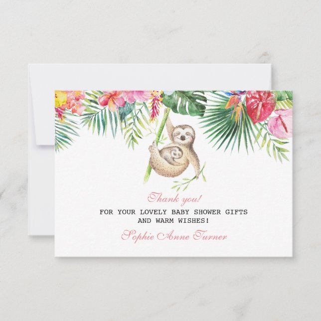 Baby Sloth Tropical Blommigt Baby Shower Tack (Framsida)