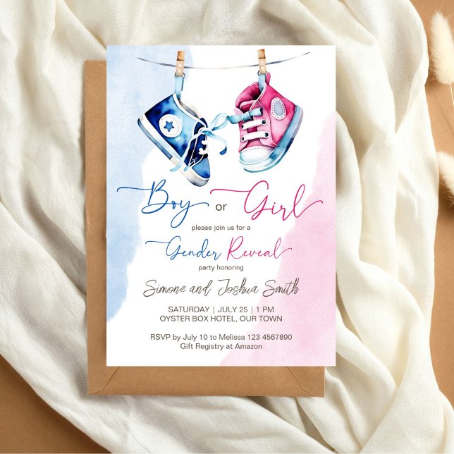 Baby sneakers pojk- eller flickblå gender rosa inbjudningar (Baby sneakers boy or girl pink blue gender reveal editable template invitation digital download)