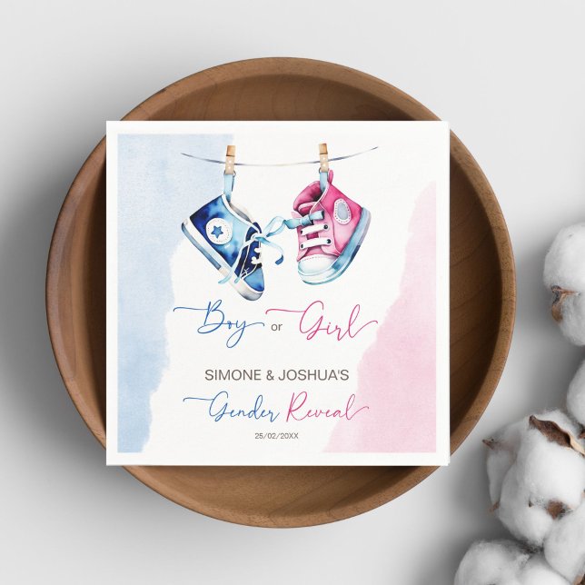 Baby sneakers pojk- eller flickblå gender rosa pappersservett (Baby sneakers boy or girl pink blue gender reveal party tableware personalized template napkins)