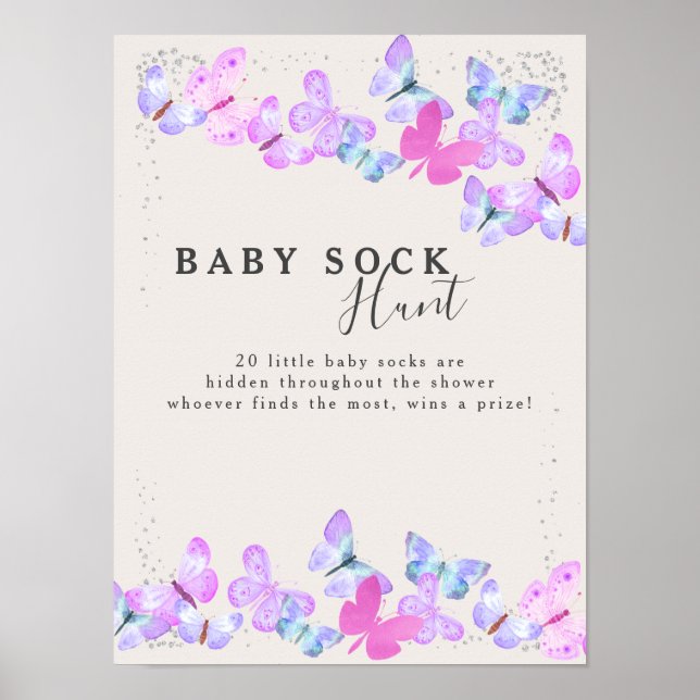 Baby Sock Hunt Butterfly Himlar Baby Shower Game Poster (Framsidan)